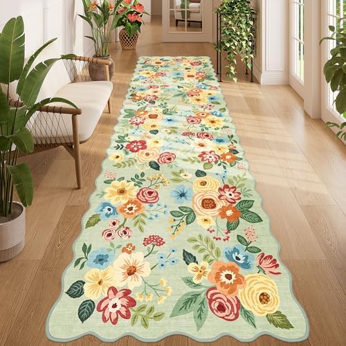 DUKINO 3x10 Runner Rug, Non Slip Floral Washable Rug for Hallway, Green by DUKINO