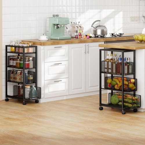 4 Tier Narrow Kitchen Rolling Cart, 9.1" Wide Slim Kitchen Storage Cart with Pull-Out Baskets, Adjust Pantry Organizer and Storage Cart with Wheels, Multifunctional Fruit Vegetable Spice Storage Cart - Image 6