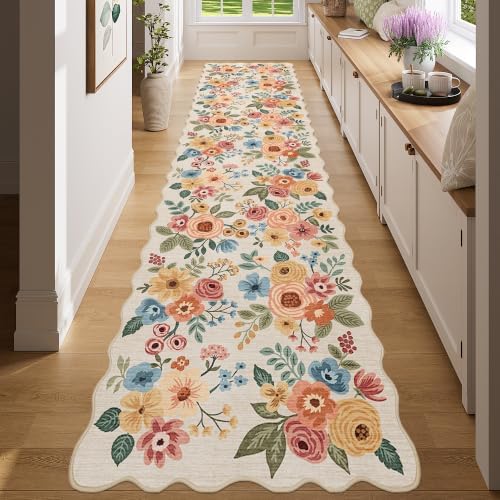 DUKINO 2.6x8 Runner Rug, Floral Washable Kitchens Rug Non Slip Beige Yellow by DUKINO
