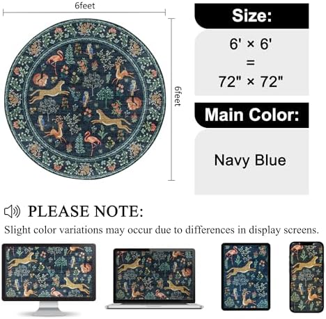 DUKINO 6ft Round Rug for Bedroom, WashableNon Slip Circle Rug, Navy Blue - Image 2