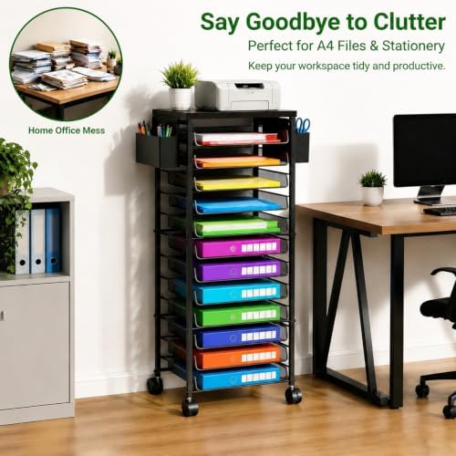 Ekisemio 11-Tier Rolling File Cart, Mobile Desk-Side Organizer with Top Shelf and Side Baskets, Wire Storage Rack for Letter Folders, Home Office & School, Black - Image 3