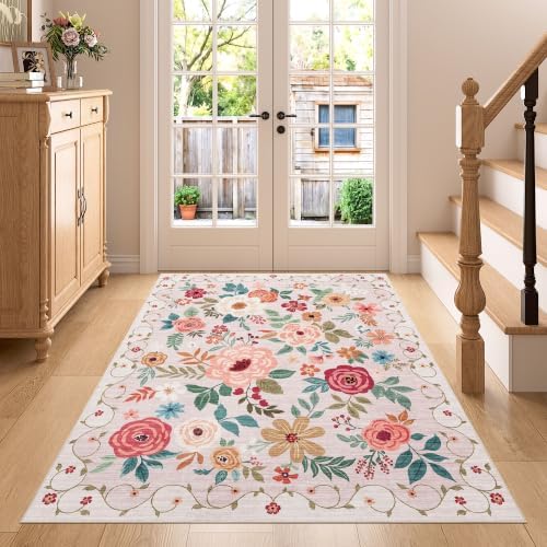 DUKINO 4x5 Area Rug for Entryway, Soft Floral Washable Rug Non Slip, Beige by DUKINO
