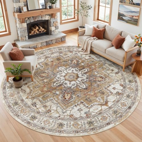 Madane Washable 8ft Circle Round Rug, 8x8 Circular Area Rugs, Turmeric/Grey - Image 2