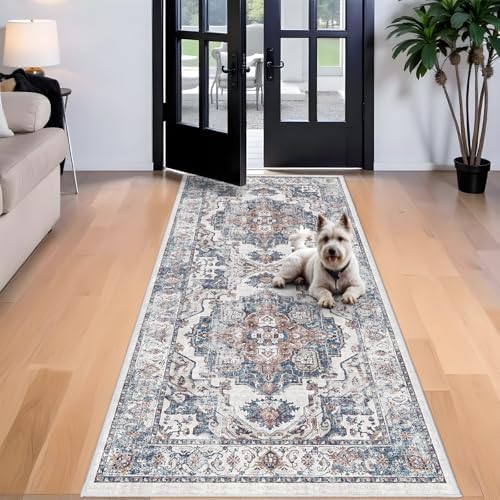 Washable 4x8 Hallway Area Rug: Vintage 8ft Water Resistant Soft Runner Rug for Entry Kitchen Non Slip Wide Low Pile Carpet for Living Room Bedroom Thin Floor Mat for Bathroom Dining Room(Brick,4x8) by HYHAOYUNLAI