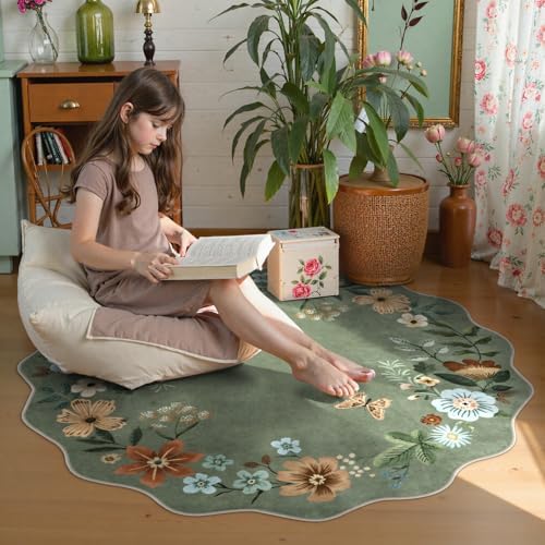 Lahome Floral Washable Round Circle Rugs, Non-Slip Soft Round Rug 4ft - Image 2