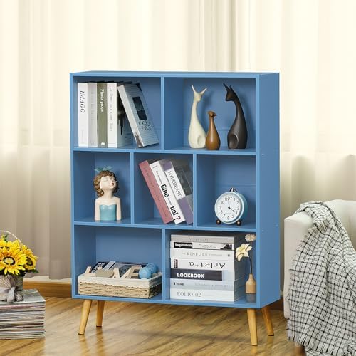 YAHARBO 7 Cube Bookshelf, Blue Kids Book Shelf with Cubby Storage,Wooden Modern Bookcase with Legs,3 Tier Freestanding Display Book Case,Children Toy Organizer,Bookshelves for Office,Nursery,Playroom - Image 5