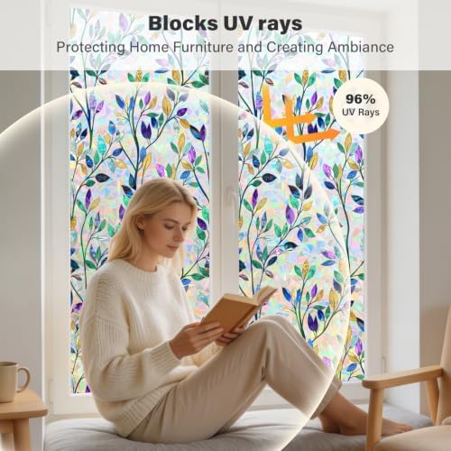 FINNEZ Window Privacy Film Stained Glass Colorful Tree Leaf, 23.6″ x 78.7″ - Image 3