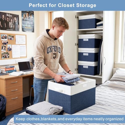 Large 17" 42 Quarts Collapsible Stackable Storage Bins with Lids [3-Pack] Foldable Fabric Linen Storage Boxes Cube, Closet Organizer Baskets with Label for Home (16.7 x 12 x 12", Navy Blue & White) - Image 3