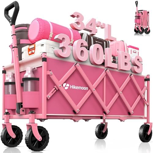 HIKEMOON 34'' Extra Long Folding Portable Wagon Cart, 120L 360LBS Pink by Unknown