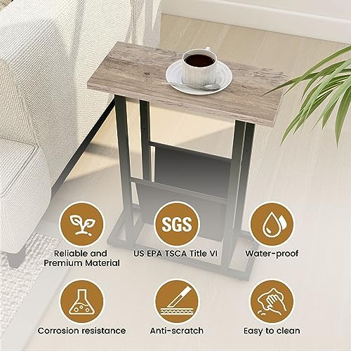 FLYJOE Narrow Side Table with PU Leather Magazine Holder Rustic Slim Little Thin Table for Living Room, Bedroom, Sofa, Grey - Image 4
