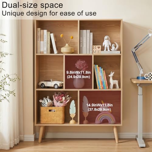 YAHARBO Natural Bookshelf,3 Tier Book Shelf with Legs, 7 Cube Minimalist Bookcase,Storage Organizer Shelves Display Bookcases for Bedroom,Living Room - Image 4
