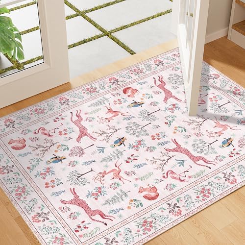 DUKINO 2x3 Entryway Rug, Washable Door Mat Animal Rug for Kitchen, Pink by DUKINO
