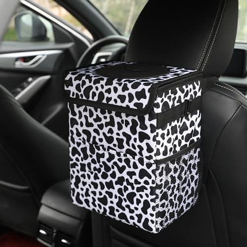 AOKJOY Car garbage can with lid Leak Proof Vehicle Trash Can 3 Storage Pockets Hanging Waterproof car trash bag for suv cow - Image 3