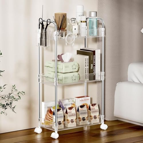 SPACEKEEPER 3 Tier Acrylic Storage Rolling Cart Clear Bathroom Cart Organizer, Transparency Laundry Room Organization Mobile Shelving Unit Multifunction Rolling Utility Cart for Office Living Room - Image 7