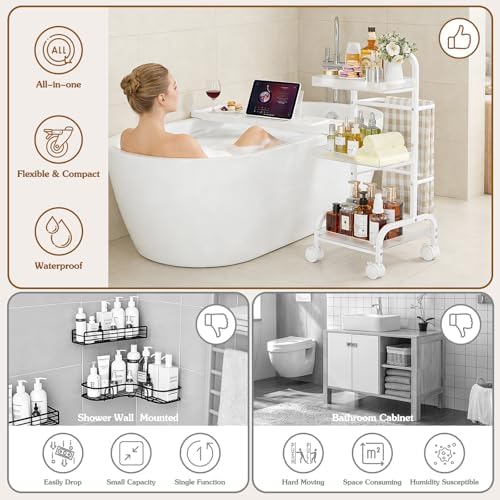 Bathroom Cart with Bathtub Tray Holder, Bathroom Organizers and Storage, Small Slim Shelf Organizer with Bath Tub Caddy Rack, 3 Tier Narrow Skinny Acrylic Rolling Cart for Laundry Room Living Room - Image 6