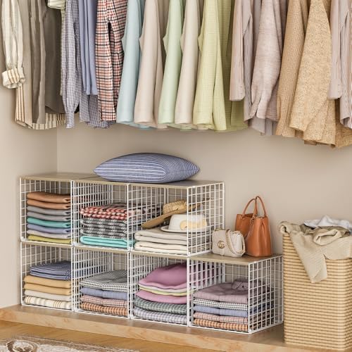Hencawima 3PCS Stackable Closet Organizers and Storage, Closet Shelves with Wood Top Extra Storage, Clothes Storage Organizer Basket Bin/Cube for Home Wardrobe Organization(White-Sturdy Metal) - Image 2