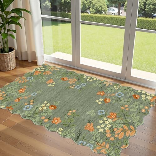 Sage Green Floral Entry Rug - 3x5 Ft Washable Indoor Outdoor Mats for Front Door Non-Slip Porch Rug Non-Slip Boho Throw Rugs for Living Room Bedroom Entryway Kitchen Office Porch Decor by Othilic