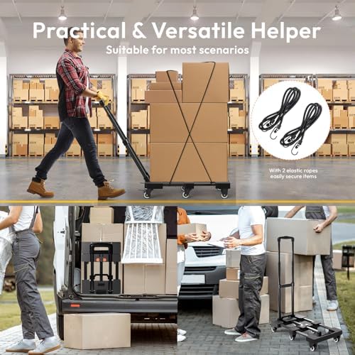 Voipvvii Folding Hand Truck 500lbs, Portable Heavy Duty Dolly Cart, 6 Wheels Collapsible Luggage Cart with 2 Elastic Ropes - Compact Trolley Cart for Easy Moving - Ideal Hand Cart for Travel and More - Image 5