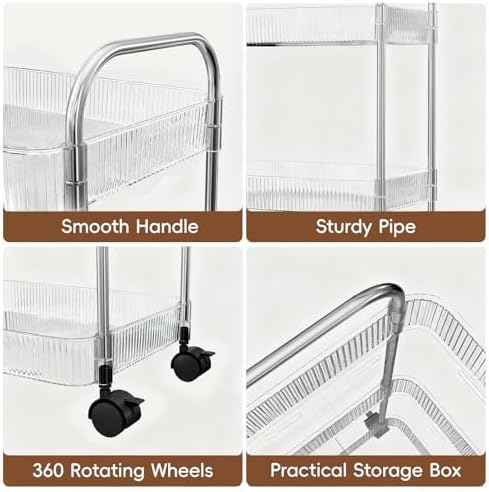 STARLATTA 3 Tier Rolling Cart with Lockable Wheels, Clear Acrylic Utility Trolley with Handle, Heavy-Duty Storage Organizer for Kitchen Bathroom Nursery Laundry - Snack Book Craft Organizer (Clear) - Image 4