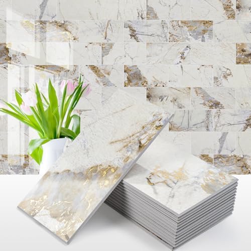 Vamos Tile 100-Piece Peel and Stick Backsplash Seamless Tile,3''x6'' Glossy Pandora Marble with Gold Veining PVC Subway Tile,Stick on Backsplash for Kitchen/Bathroom/Laundry Room by VamosTile
