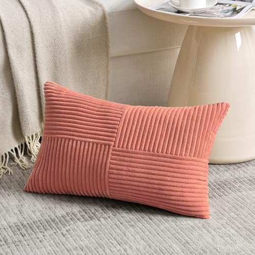 Fancy Homi 2 Packs Coral Lumbar Decorative Throw Pillow Covers 12x20 Inch for Living Room Couch, Rustic Farmhouse Boho Home Decor, Soft Striped Corduroy Rectangle Accent Peach Cushion Case 30x50 cm - Image 2