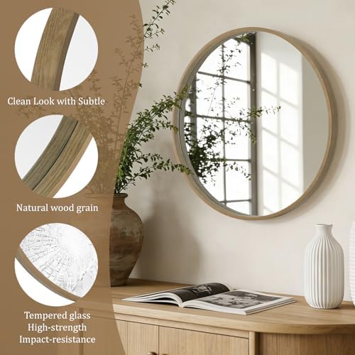 WallBeyond Round Wood Mirror 24" Circle Wall Mirror for Bathroom Round Wall Mirror for Wall Decor, Vanity, Entryway Living Room, Honey - Image 5