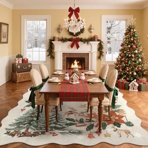 Lahome Floral Christmas Rugs for Living Room, Washable Christmas Rug 8x10 Under Bed Soft Xmas Tree Rug, Stain Resistance Large Carpets for Dining Room Office Home Decor, Beige/Multi - Image 2