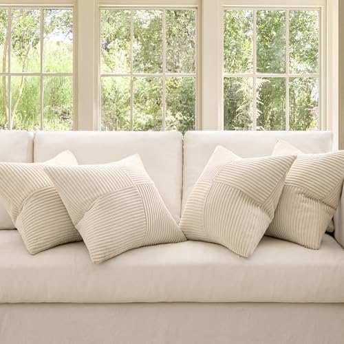 MIULEE Beige Throw Pillow Covers 18x18 Inch Set of 4 Boho Patchwork Cushion Cases Modern Farmhouse Pillow Cases with Invisible Zipper Corduroy Striped Home Decor for Couch Sofa Bedroom - Image 2