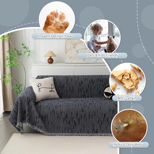 MYSKY HOME Boho Couch Cover Navy Sofa Covers with Tassel Farmhouse Sofa Slipcover Simple Couch Protector for Dogs Chenille Sectional Couch Covers L Shaped Couch Cushion Covers, 91"x 134" - Image 3