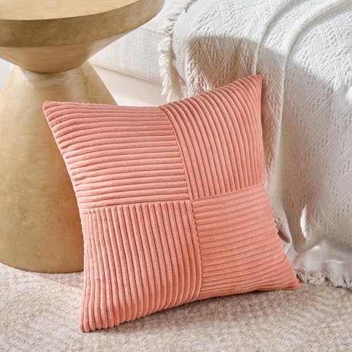 Fancy Homi 2 Packs Coral Samll Decorative Throw Pillow Covers 14x14 Inch with for Couch Bed Sofa, Rustic Farmhouse Boho Home Decor, Soft Corss Patchwork Corduroy Square Peach Cushion Case 35x35 cm - Image 2