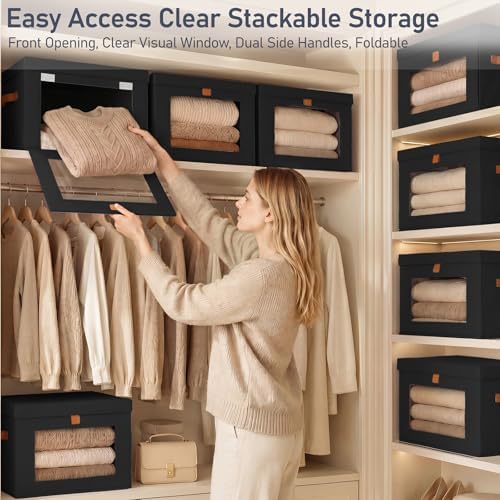 DIMJ Storage Bins with Lids - 6 Pack Front Opening Stackable Fabric Storage Boxes with Clear Window & Handles, Collapsible Closet Organizers for Clothes, Sweaters, Shelf Storage, Bedroom, Black - Image 2