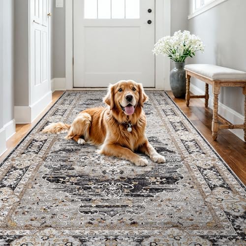 4x8 Washable Hallway Runner Rug - Non-Slip Vintage Kitchen Rugs Black Gray by Puino