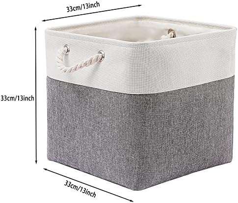 MidmmVick 13 x 13 Inch Cube Storage Bins, 4 Pack Large Collapsible Fabric Storage Bin with Ropes, Foldable Storage Cubes for Home, Office,Closet, Clothes, Toys Organizer (White & Grey) - Image 4