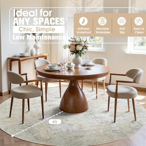 Aelenmu Round Rug 8ft Washable Rug for Dining Room Living Room Beige Grey - Image 3