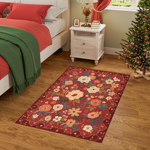 DUKINO 2x3 Entryway Rug, Floral Door Mat Soft Washable Rug Non Slip, Red - Image 4