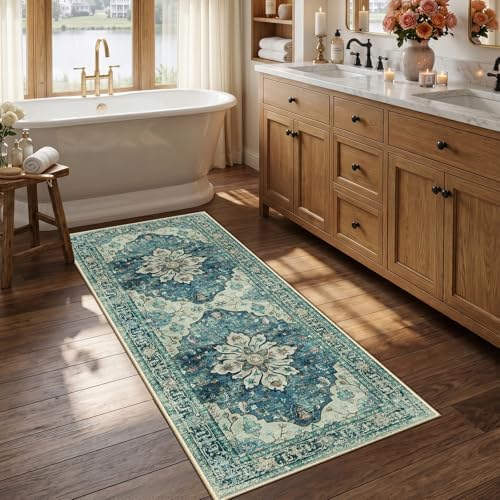 RELEANY Washable Area Rug, Runner 2'6"x5', Blue/Vintage Dark Blue by RELEANY