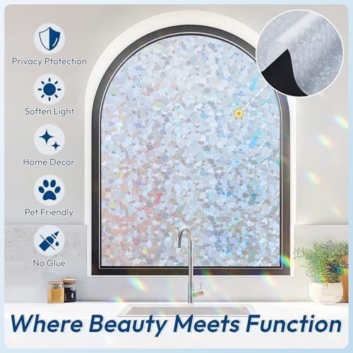 rabbitgoo Rainbow Window Privacy Film Decorative Stained Glass Diamond Pattern Window Sticker with Iridescent Tint Non-Adhesive Static Cling for Home Office Crystal Pattern, 17.5 x78.7 inch - Image 4