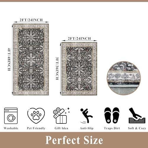 Kitchen Rugs Set of 2 Washable Non Slip – Soft Low Pile Boho Floral Decorative Area Rugs & Runner Mats for Kitchen Floor, Entryway, Hallway, Doorway & Bathroom – Indoor Small Rugs (Black, 2x3+2x4) - Image 2