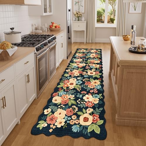 DUKINO 2x7 Runner Rug for Hallway, Floral Washable Kitchen Rug, Navy Blue - Image 3