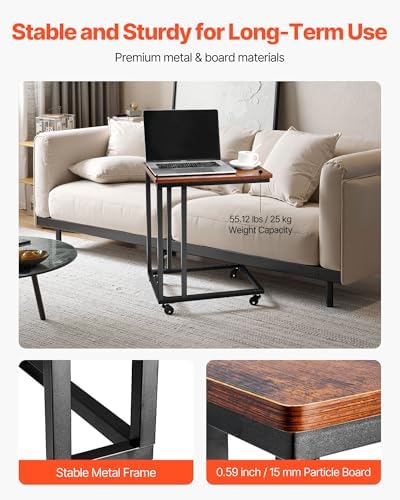 VEVOR C Table, C Shaped Sofa Side Table with Metal Frame Rolling Casters, Portable C Shaped End Stand for Living Room Bedroom Office, 19.69 x 13.78 x 23.82 inches Laptop Side Tables, Brown and Black - Image 6