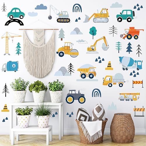 AOWDIAO Construction Vehicle Wall Decals – 90Pcs Reusable Peel and Stick Vinyl Stickers for Kids’ Room, Nursery & Playroom – Removable Truck Decoration for Boys & Toddlers by AOWDIAO