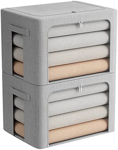 FHSQX 2 Pack Clothes Storage Bins Stackable Metal Frame Storage Box Large Capacity Foldable Linen Fabric Box Organizer with Carrying Handles and Clear Window (Light Gray, 19.7x 15.7x 12.6 Inch) by FHSQX