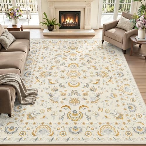 6x9 Area Rug Living Room: Soft Floral Washable Boho Carpet Beige by EXPEDIX