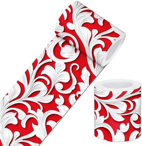 IVN Wallpaper Border Peel and Stick Wall Red White Floral Scroll 4x196 Inch by IVN
