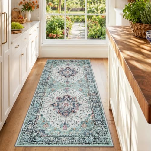 RELEANY Washable Area Rug, Runner 2'x6', Teal Green/White/Navy by RELEANY