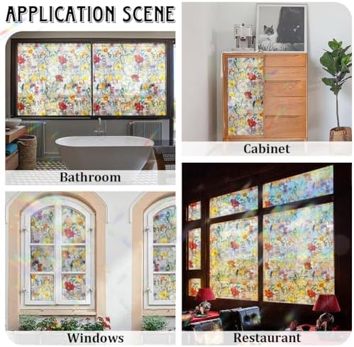GORGECRAFT 39.4x17 Inch Colorful Flower Rainbow Window Privacy Film 3D Stained Window Glass Covering Decorative Window Cling Non-Adhesive Static Reusable UV Resistant Decals Sticker for Room Home - Image 4