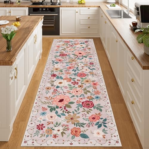 DUKINO 3x10 Runner Rug, Floral Washable Kitchen Runner Rug Non Slip, Beige - Image 4