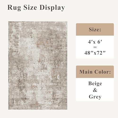 4x6 Washable Entryway Rug – Non-Slip Low-Pile Small Area Rug for Kitchen Bedroom Living Room Office – Modern Abstract Neutral Throw Carpet with Rubber Backing (Beige, Grey) - Image 2
