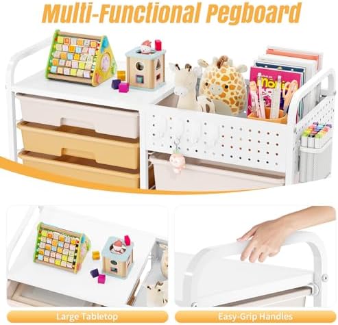 14 Drawer Rolling Storage Cart with Tabletop and Pegboard for Craft Color - Image 7