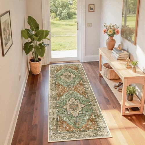 RELEANY Washable Area Rug, Runner 2'x6', Brick/Brown/Green - Image 4